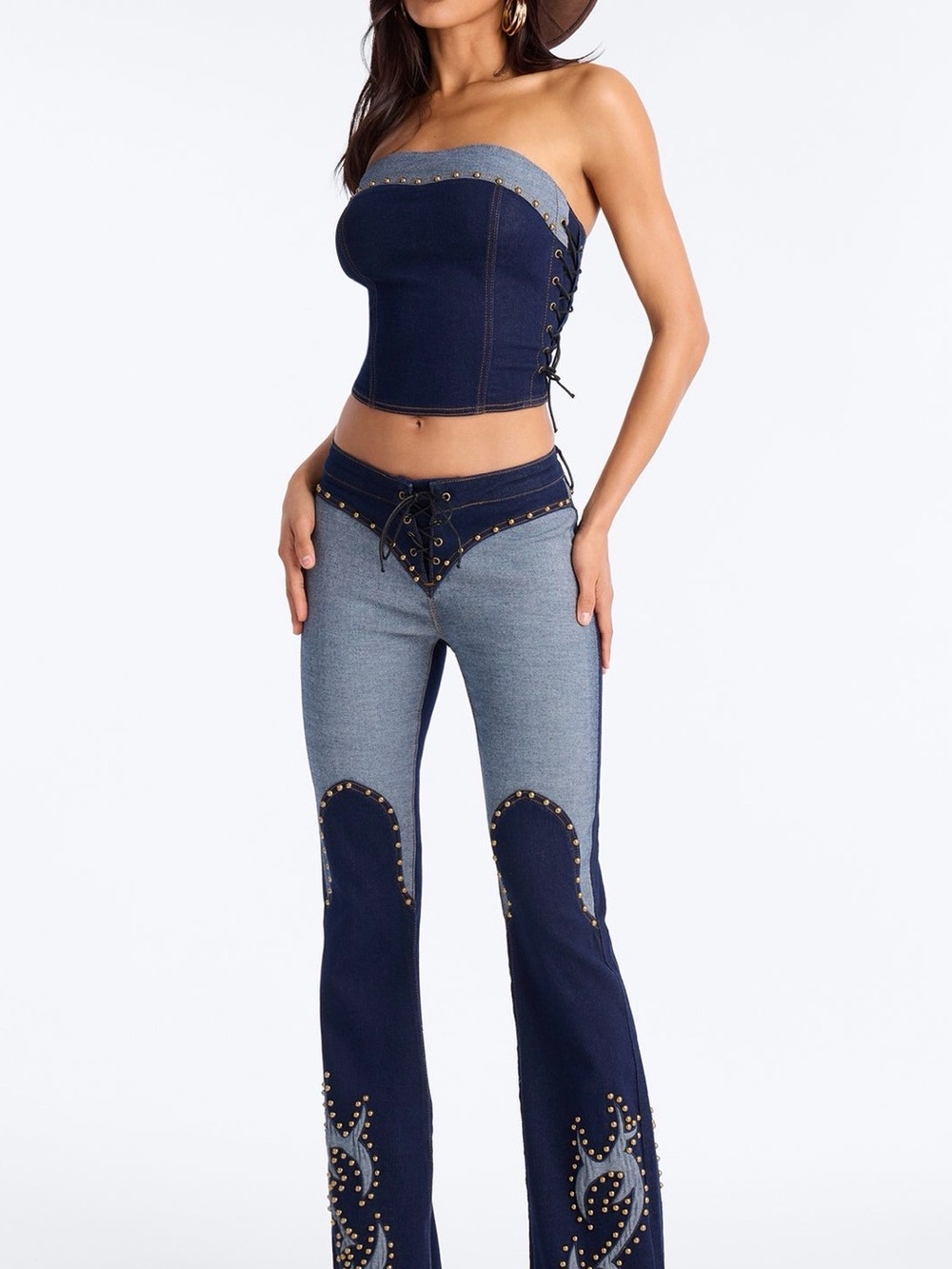 Two-Tone Denim Corset Top & Flared Jeans Set - Navy + Light Blue